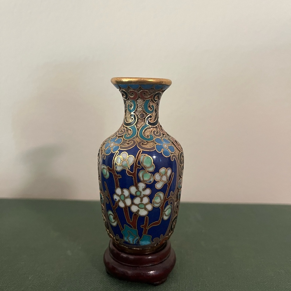 Elegant Dark Blue Cloisonné Vase with Floral Design
